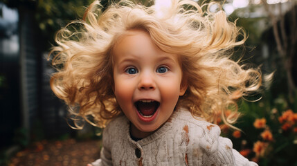 "Adorable smiling child with blonde hair and blue eyes exudes pure joy, capturing the essence of childhood happiness in a delightful portrait.