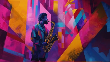 Instrumental live music concert. Jazz musician pop art illustration. Bright vintage retro poster. Musical performer play saxophone night club. Sax player solo perform. Elegant male artist silhouette.