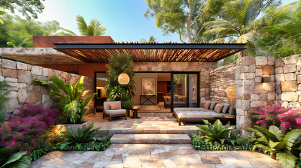 Fototapeta na wymiar Contemporary Outdoor Living: Stylish Villa Design with Green Garden. Modern Architecture with Natures Touch