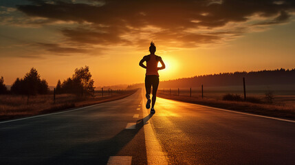 Silhouette of runner in sportswear on empty road at sunset. 