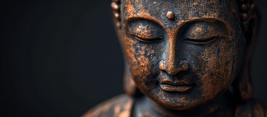 Fototapeta na wymiar Meditative Buddh in the Black, Dark Background: Closeup Serenity
