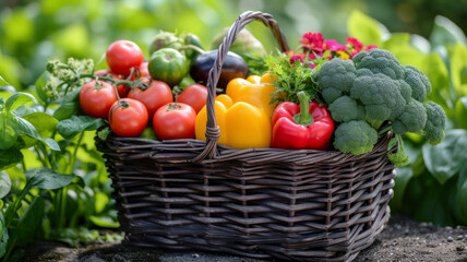 Fresh Pickings: A basket of assorted vegetables amidst foliage, capturing the essence of home gardening and organic living