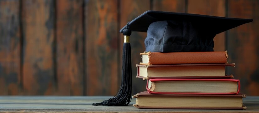 A graduation cap rests on a pile of books, creating a symbolic image of academic achievement and learning.