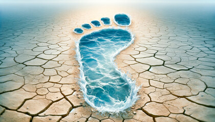 Conceptual Footprint Filled with Ocean Water on Cracked Earth Surface. World Water Day, Earth Day,World Day to Combat Desertification and Drought - obrazy, fototapety, plakaty