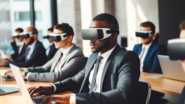 Businesspeople wearing VR glasses while working. VR technology into the business environment. Virtual interfaces, data visualizations, and immersive simulations