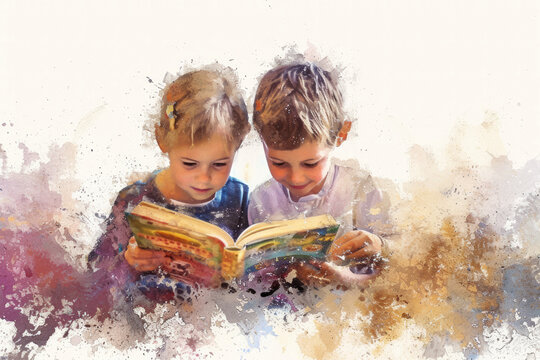 Painting portrait of two children reading a book, paint fading out to white background