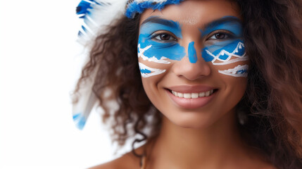 Micronesia flag face paint, Close-up of a person's face, symbolizing patriotism or sports fandom.