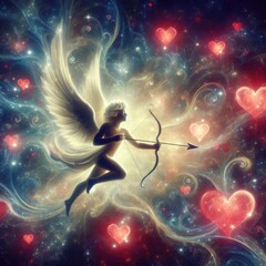 Fantasy illustration of cupid holding bow and aiming or shooting arrow. God of love, Amor, Eros or mythological character with wings. Digital illustration, generative ai