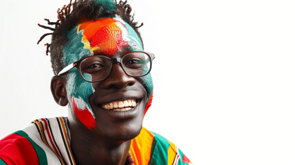 Burkina Faso flag face paint, Close-up of a person's face, symbolizing patriotism or sports fandom.