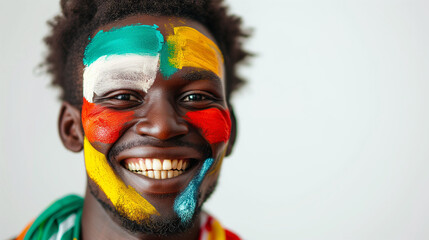 Central African Republic flag face paint, Close-up of a person's face, symbolizing patriotism or sports fandom. - obrazy, fototapety, plakaty