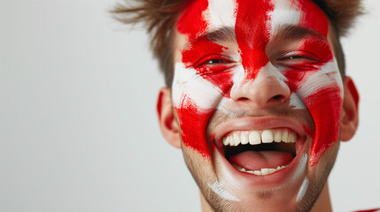 Monaco flag face paint, Close-up of a person's face, symbolizing patriotism or sports fandom.