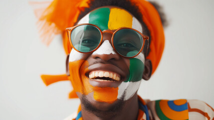 Niger flag face paint, Close-up of a person's face, symbolizing patriotism or sports fandom.