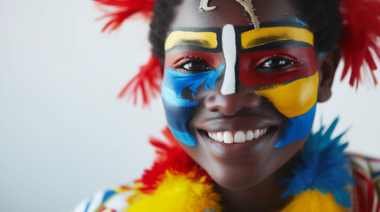 Eswatini flag face paint, Close-up of a person's face, symbolizing patriotism or sports fandom.