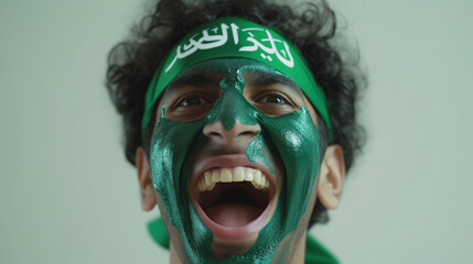 Saudi Arabia flag face paint, Close-up of a person's face, symbolizing patriotism or sports fandom.