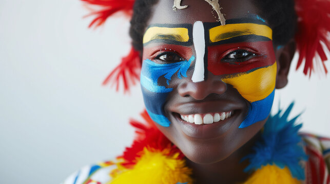 Eswatini flag face paint, Close-up of a person's face, symbolizing patriotism or sports fandom.