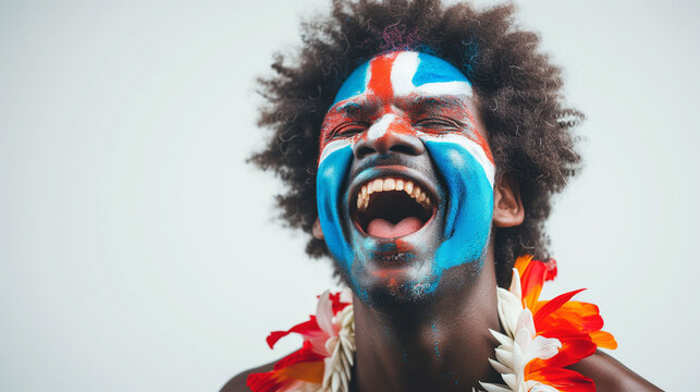 Fiji flag face paint, Close-up of a person's face, symbolizing patriotism or sports fandom.