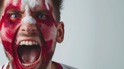 Latvia flag face paint, Close-up of a person's face, symbolizing patriotism or sports fandom.