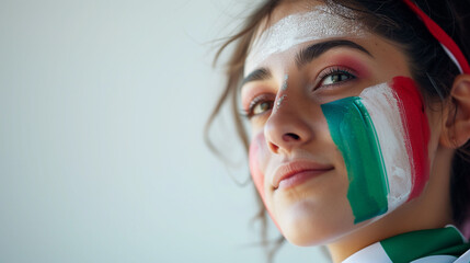 Italy flag face paint, Close-up of a person's face, symbolizing patriotism or sports fandom.