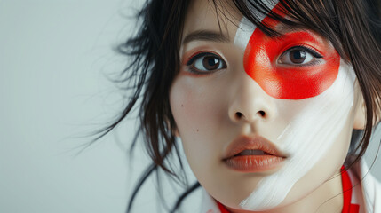 Japan flag face paint, Close-up of a person's face, symbolizing patriotism or sports fandom.
