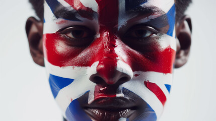 United Kingdom flag face paint, Close-up of a person's face, symbolizing patriotism or sports...