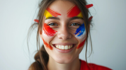 Liechtenstein flag face paint, Close-up of a person's face, symbolizing patriotism or sports fandom.