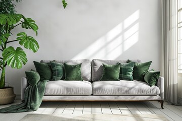 interior house with simple white background mock up. grey velvet sofa with green plaid on . modern space concept. 3d render. Illustration.