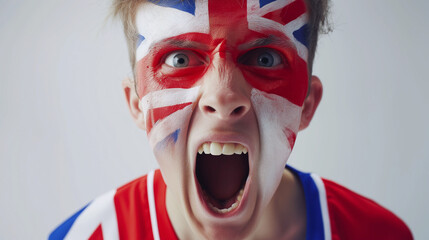 United Kingdom flag face paint, Close-up of a person's face, symbolizing patriotism or sports...