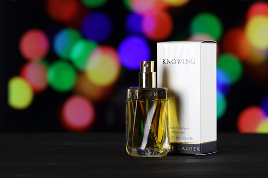 KHARKIV, UKRAINE - JANUARY 2, 2021 Bottle of Knowing by Estee Lauder is a Chypre Floral fragrance for women. Knowing was launched in 1988 by Jean Kerleo