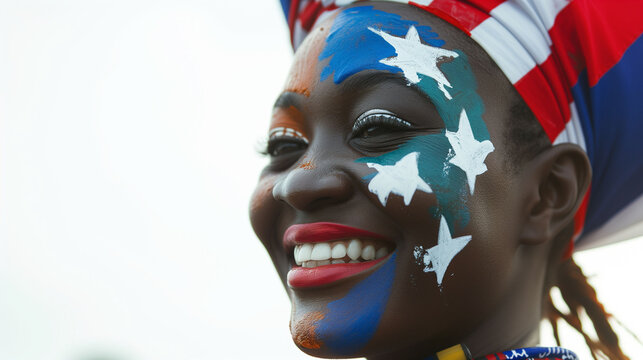 Liberia flag face paint, Close-up of a person's face, symbolizing patriotism or sports fandom.