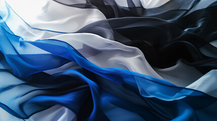 Estonia Flag for olympic games, elegant wavy flowing silk fabric texture depicting luxury and fluidity.