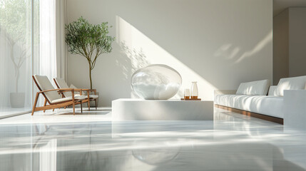 Minimalist living room with sunlight casting shadows, modern furniture, and indoor plant.