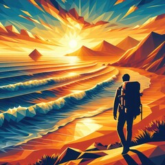 Man with backpack walking on the beach at sunset. Travel lifestyle concept in Low Poly style, crafted using geometric shapes. Digital illustration. Generative AI