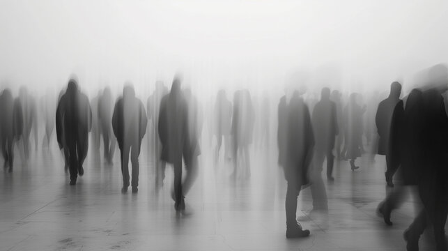 Abstract blurred image of people walking in fog, creating a ghostly and mysterious atmosphere in monochrome.
