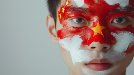 China flag face paint, Close-up of a person's face, symbolizing patriotism or sports fandom.