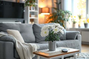 Interior of modern living room with grey sofa, workplace and blooming chrysanthemum flowers on table.