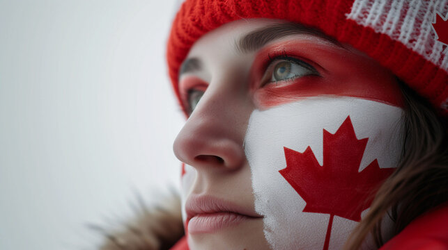 Canada flag face paint, Close-up of a person's face, symbolizing patriotism or sports fandom.