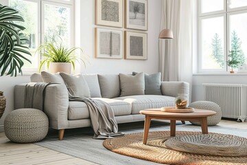 Interior of stylish living room with grey sofa, armchair and wooden coffee table.