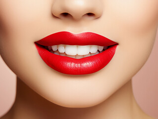 Obraz premium Woman's mouth with shiny red lipstick on full lips, healthy white smile, and tongue peeking out against skin-toned backdrop 