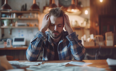 Fototapeta na wymiar Portrait of stressed man sitting on home kitchen and planning house budget reading loans credit documents. Recession, unsuccessful investments, taxes or family finances incomes and expenses concept.