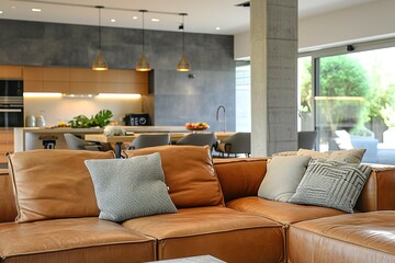 Leather sofa in modern living room and kitchen.