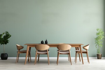 Sage green dining room mock up with modern minimalist design, a dining table set and parquet flooring, decorated with plant poots. Sage green empty wall in a dining room. 