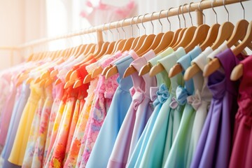 Summer clothes for kids. Colorful summer little girl dresses on hangers in a shop. Collection of toddler clothes. Summer kids clothing. Summer dresses. Childrens’ boutique. Clothes store. Children