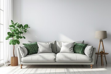 Living room interior with gray velvet sofa, pillows, green plaid, lamp and fiddle leaf tree in wicker basket on white wall background. 3D rendering.