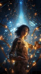 A woman illuminated by cinematic lighting, immersed in a futuristic, high-tech environment, exploring an intricately connected database, captured in stunning HD photography.