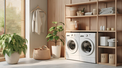 Moderne helle Waschküche mit Waschmaschine und Trockner