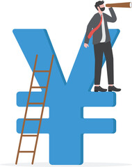 Japan economic vision and forecast, leadership skill to lead country financial in economics crisis concept, businessman climb up ladder to top on Japanese yen sign using telescope to see future vision