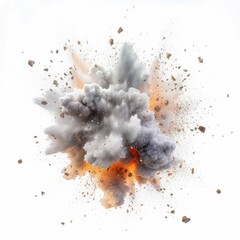 Fototapeta na wymiar Dynamic Explosion with Debris on White, High-Speed Capture of Eruptive Action