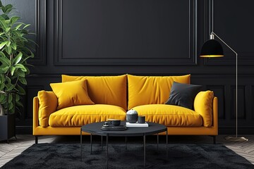 Luxury dark living room interior background, black empty wall mock up, living room mock up, modern living room with yellow sofa and black lamp and table, scandinavian style, 3d rendering.