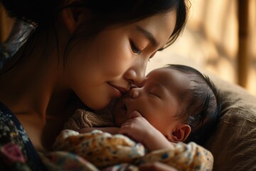 A heartwarming scene of an Asian mom with her sleeping newborn, conveying the love and care integral to early childhood in Asian families