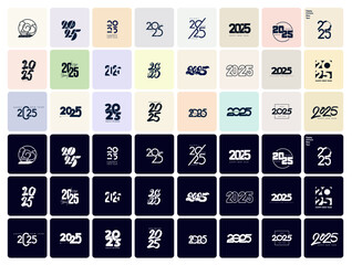 2025 Happy New Year logo text design. Big Set of 2025 number design template. Christmas collection of 2025 Happy New Year. Vector illustration with black labels logo for diaries, notebooks, calendars.